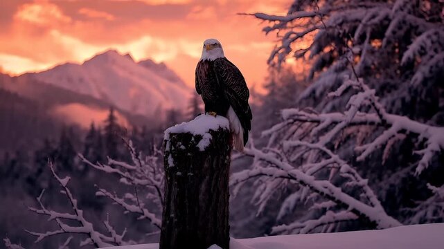 A vivid, highresolution digital artwork of a bald eagle perched atop a snowcovered post during sunset. The eagle is captured in a side profile, with its wings spread wide.