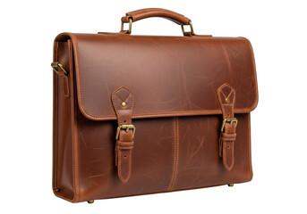A rich cognac brown leather briefcase with brass buckles and a sturdy handle isolated on transparent background