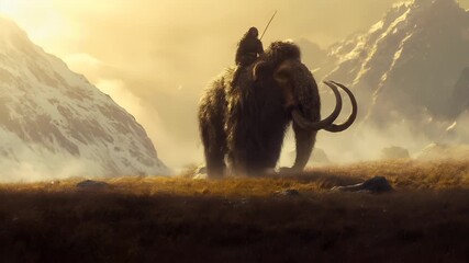 A vivid portrayal of a mammoth in a mountainous landscape during what appears to be the golden hour, with the sun casting a warm, golden hue over the scene.