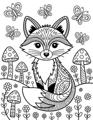 Cute fox coloring page with butterflies, mushrooms and flowers in doodle style for kids and adults
