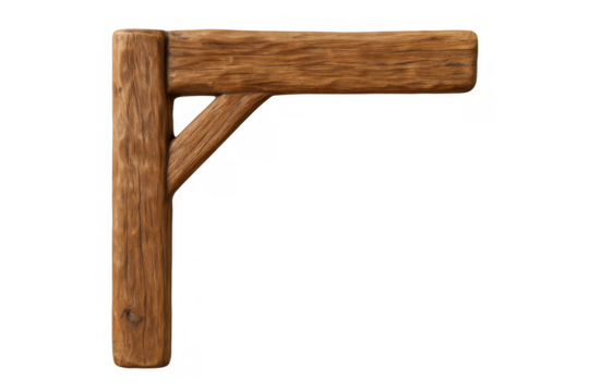 Rustic wooden signpost bracket creating a blank space for custom signage on a transparent background