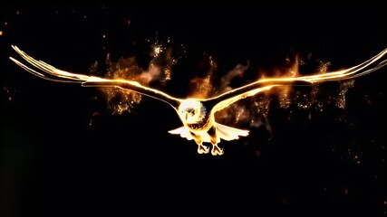 fire eagle in flight with its wings spread wide, captured in a dynamic pose against a dark backdrop. The eagles feathers are rendered in a fiery orange and yellow hue.