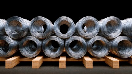 Coiled Steel Wire Rolls Stacked on Wooden Pallets in Warehouse Environment with Dark Background for Industrial and Construction Use