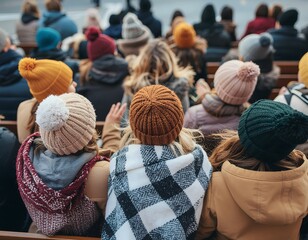 Rear view of a diverse group of people, including children and adults, wearing colorful winter hats and warm clothing while sitting outdoors at an event.