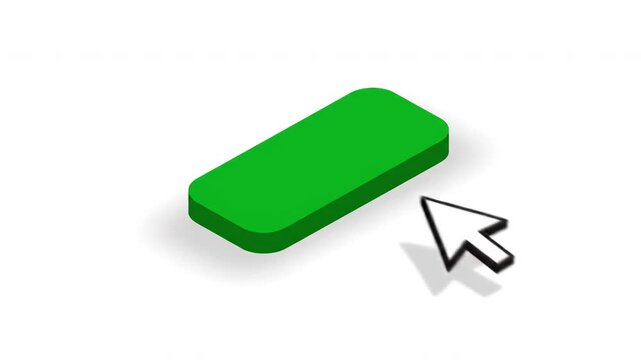 Green 3d button with rounded corner and shadow on white background featuring cursor arrow icon symbolizing digital interaction and user interface with modern technology depth and clarity effect