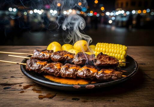 Grilled Anticuchos Served with Corn and Potatoes at Night Market