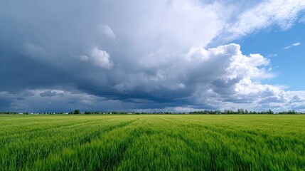 Obraz premium Lush Green Field Under Dramatic Cloudy Sky with Sunlight Breaking Through and Creating Contrast between Nature and Weather