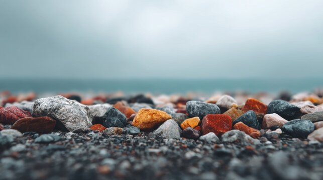 Colorful Rocks on a Beach Shoreline Under Cloudy Sky with Calm Ocean in the Background Captured in Detail for Nature and Landscape Photography
