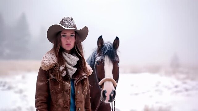 A woman in a cowboy hat and leather jacket standing in a snowy landscape with a horse beside her. The woman is wearing a brown jacket with a white scarf wrapped around her neck.