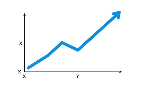 Rising blue arrow line graph and chart on white background showing upward trend with labeled X and Y axes for data analysis, business growth, increase, and trend visualization