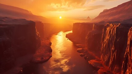 A vivid digital artwork depicting a serene sunset over a canyon with a river flowing through it. The sky is painted in warm hues of orange and yellow.