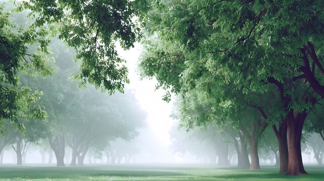 Lush green trees form a tranquil avenue through a park shrouded in soft morning mist creating a peaceful and serene natural landscape - Powered by Adobe