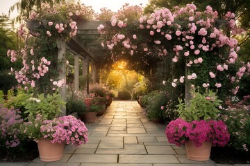 Rose-Covered Arbor Creates a Romantic Pathway Through a Lush Garden at Sunset (69 characters)