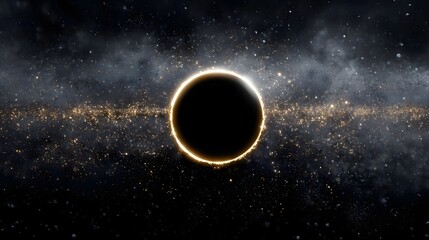 A stunning depiction of a dark astronomical phenomenon such as a black hole or obscured planet emitting a radiant golden halo against a backdrop of swirling nebulae and star clusters