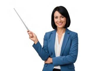 Smiling professional woman in a blue blazer holding a pointer stick and gesturing towards the side isolated on transparent background