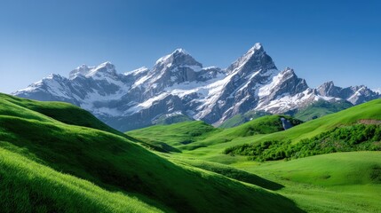 Obraz premium Majestic snow-capped mountains rise above vibrant green hills under a clear blue sky, showcasing the beauty of untouched nature and breathtaking landscapes