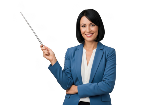Smiling professional woman in a blue blazer holding a pointer stick and gesturing towards the side isolated on transparent background