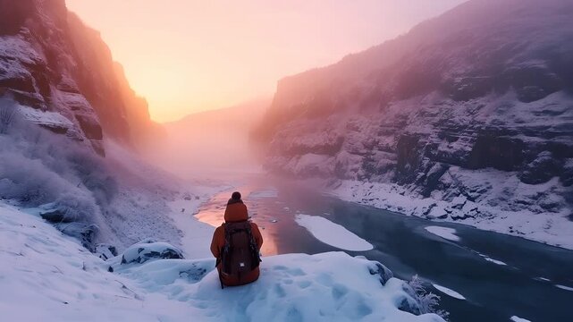 A person in a red jacket and orange beanie sits on a snowy ledge overlooking a frozen river during sunset. The scene is dominated by a serene, misty atmosphere.