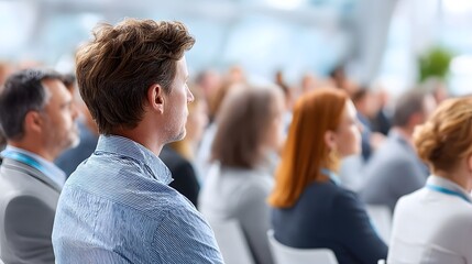 An attentive audience of diverse professionals seated indoors at a business conference lecture or seminar focused on receiving information and insights from a presentation