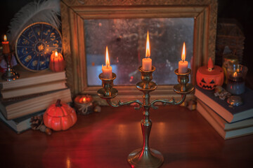 Mystical altar with candles, books, and divination stuff