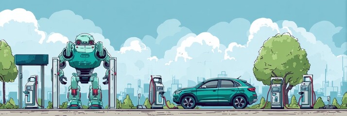 Robot Performs Autonomous Car Check at a Futuristic Service Station in a Bustling City Environment