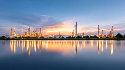 Obraz premium Industrial landscape at dusk with illuminated refinery towers reflecting in a calm water body under a colorful sky at sunset