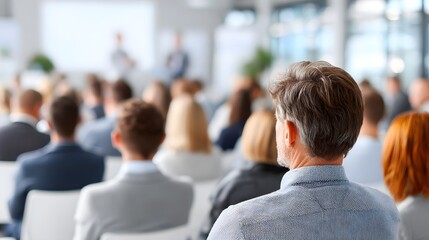 A group of people seated in an auditorium viewed from behind engaged in a professional seminar or corporate training session with a presenter at the front