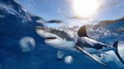 69Frontal shot of great white shark swimming forward through shimmering ocean, sunlight rays outlining its silhouette