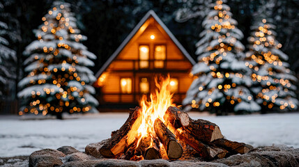 A campfire in a winter forest and a wooden house. In the distance, you can see a wooden house decorated with garlands. A vacation in the mountains or a cozy winter evening.