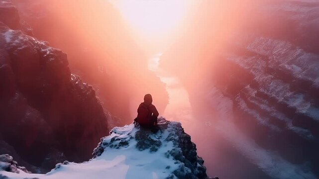 A solitary figure sits atop a snowcovered mountain peak, silhouetted against a misty, redhued backdrop. The scene is bathed in a soft, ethereal light that filters through the mist.