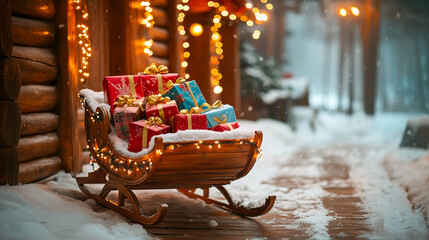 A sled with holiday-wrapped gifts on a snow-covered path outside a wooden house.