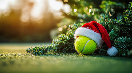 A tennis ball with a Christmas hat on it is lying on a spruce branch.