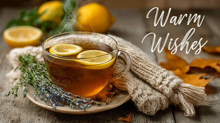 A cup of tea with lemon on a knitted sweater. A half lemon and some lavender sprigs on a wooden surface. It says “Warm Wishes”.