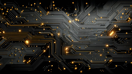 A printed circuit board with bright, glowing lines and dots that create an image of electronic connections.