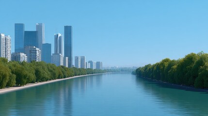 Obraz premium Serene Urban Landscape with Modern Skyscrapers Adjacent to Calm Riverbank Under Clear Blue Sky in a Vibrant City Setting