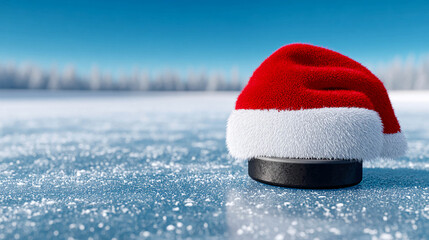 A hockey puck with a Santa hat on it in an ice arena. The background is blurred, creating an atmosphere of a sports match.