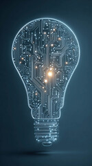 The light bulb consists of a circuit with bright, glowing lines and dots that resemble electronic connections.