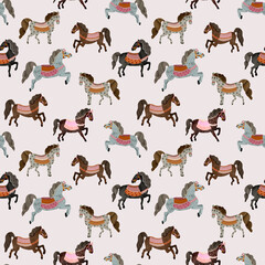 Vintage style pattern with watercolor horses. Perfect for fabric, kids’ decor, wrapping paper, seamless prints, and whimsical design projects.