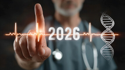 The doctor touches the holographic interface with a picture of a heart rate, the numbers 2026, and a DNA spiral.