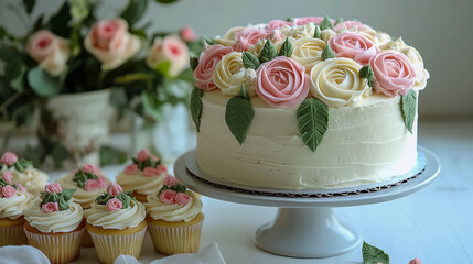 A cake decorated with delicate cream and pink roses and green leaves. On the right are cupcakes decorated with cream roses.