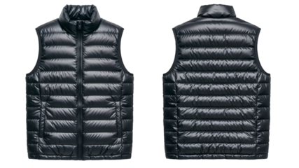 Black puffer vest mockup, front and back view, sleeveless jacket. Isolated on transparent background