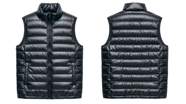 Black puffer vest mockup, front and back view, sleeveless jacket. Isolated on transparent background