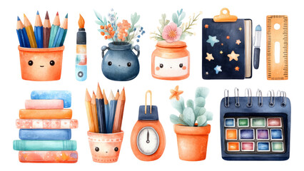 Colorful Illustrations of Stationery Items and Decorative Elements on Transparent Background