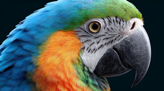 Detailed close up view of a magnificent Blue and yellow aw s head and neck highlighting the intricate patterns and striking colors of its tropical feathers and expressive eye - Powered by Adobe