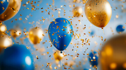 Blue and gold balloons against the backdrop of the sky, surrounded by flying confetti. The balloons float gracefully, creating an atmosphere of celebration and joy.