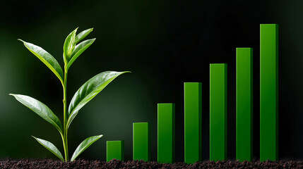 A sprout with green leaves growing out of the ground, with a bar graph showing growth. Ecology, growth, and development.