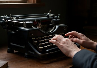 Vintage typewriter on wooden desk with hands typing
