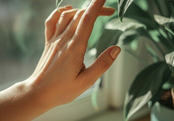 Female hand touching green plant leaves