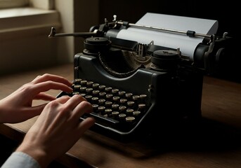 Vintage typewriter on wooden desk with hands typing