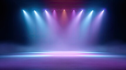 Colorful stage lights illuminating an empty performance area with beams of vibrant light creating an engaging atmosphere for events and shows